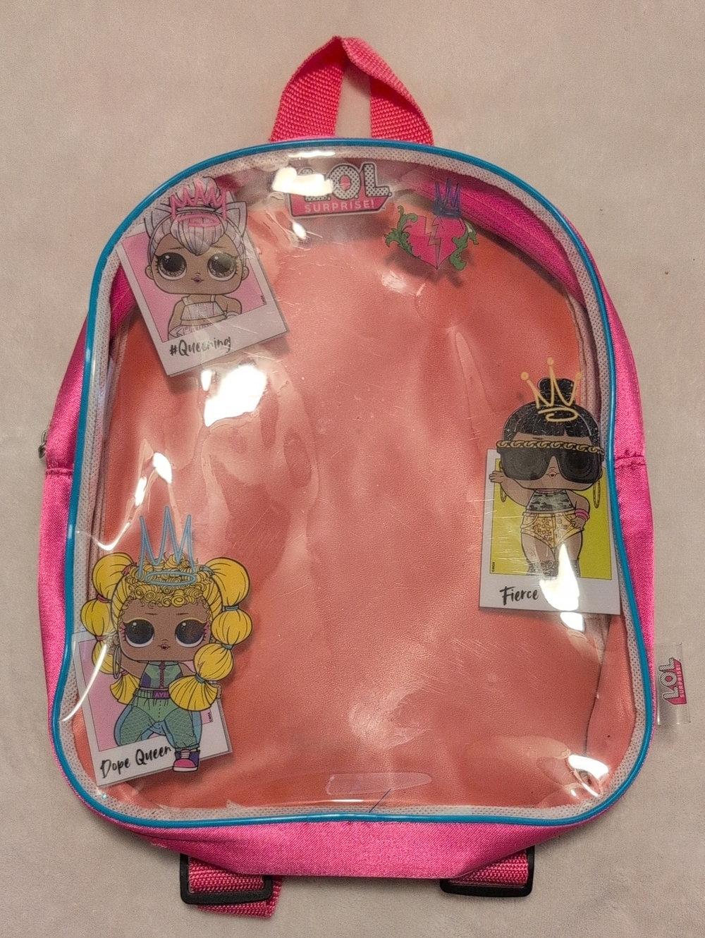 LOL Surprise Girls Pink Clear Front Backpack Blue Trim Character Bag